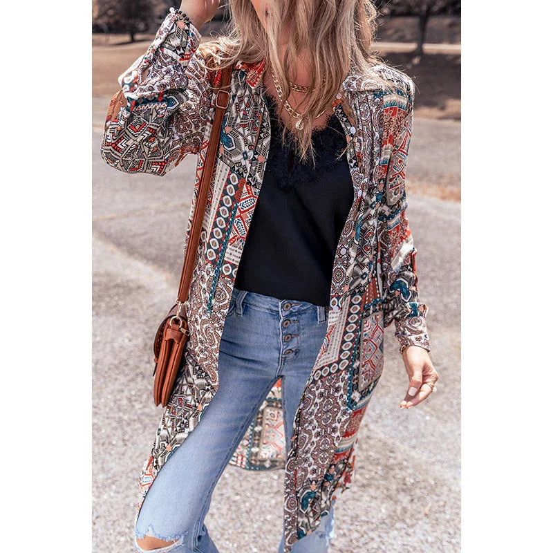Printed Beach Cardigan Long Sleeve Top - VAleG