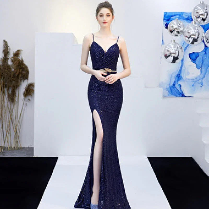 New Banquet Elegant Annual Meeting Long Host Deep V Sexy Fishtail Sequined Dress - VAleG