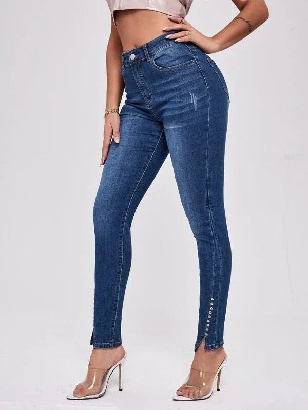 Slim Fit Patchwork High Waist Stretch Jeans - VAleG