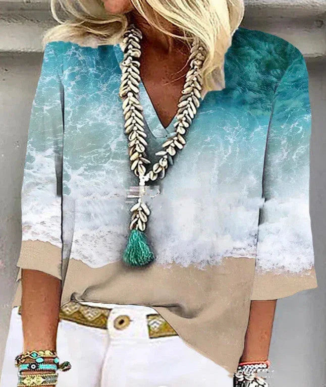 Ethnic Style V Neck Printed Women's Casual Shirt - VAleG