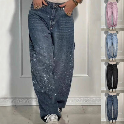 Ins Shiny Straight Jeans With Pockets Fashion Loose Wide-leg Pants For Women Street-style Trousers VAleG