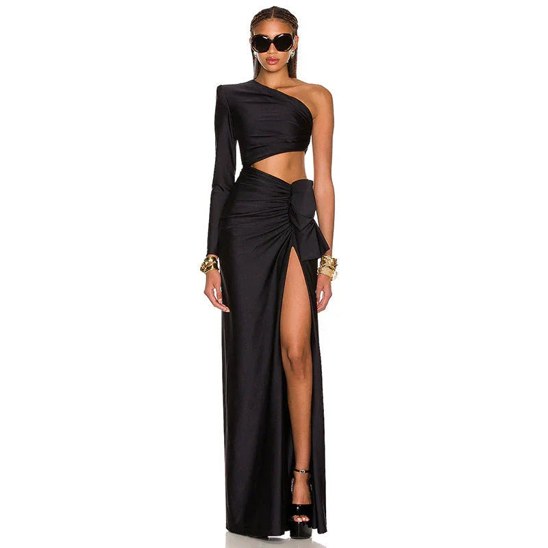 Women's Long Sleeved Hollow Slit Elastic Sloping Shoulder Dress - VAleG