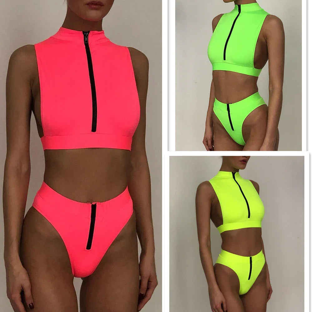 New Swimsuit Fluorescent Swimsuit Solid Bikini - VAleG