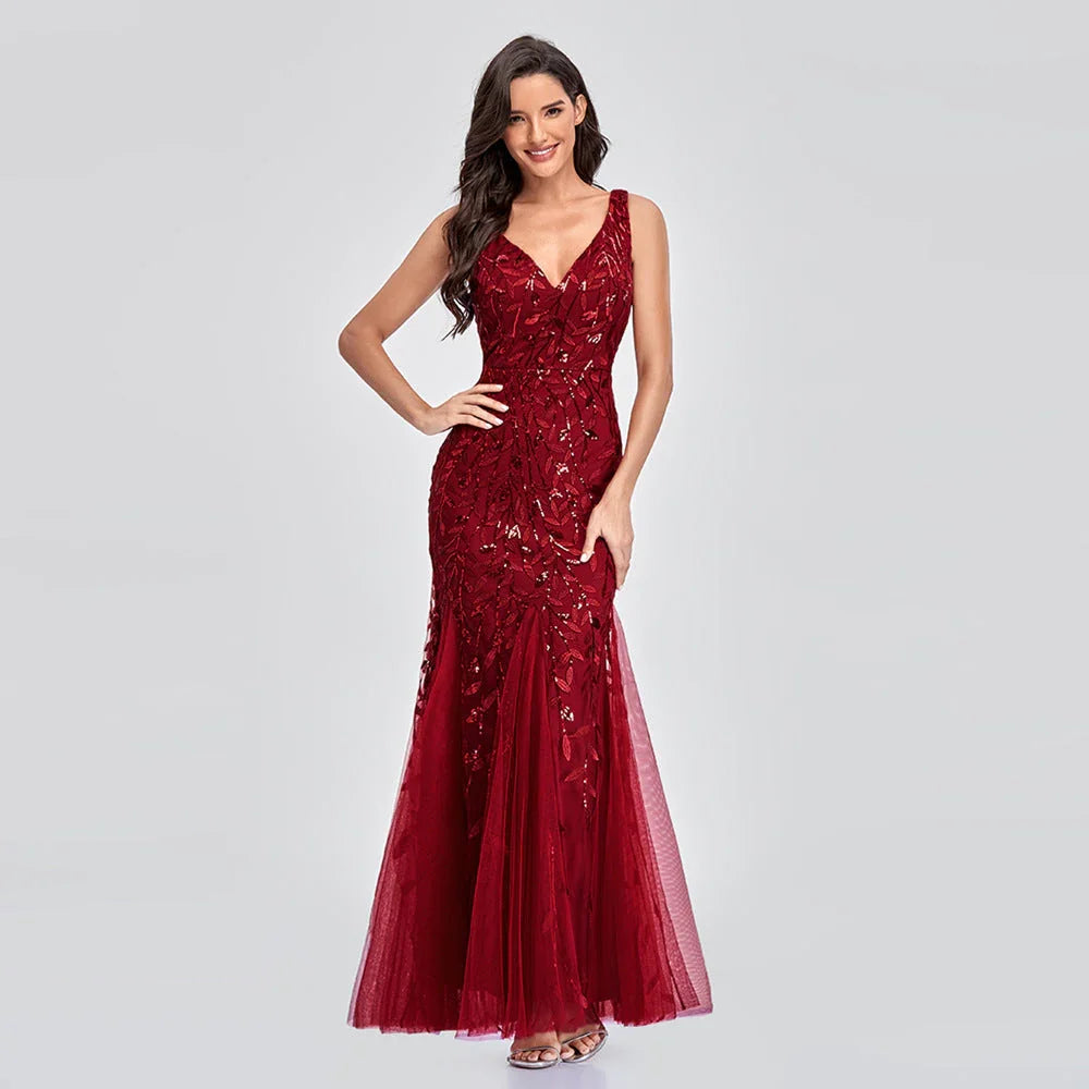 Sexy Long Dress Sleeveless V-neck Embroidered Sequin Slim Mermaid Dress - VAleG