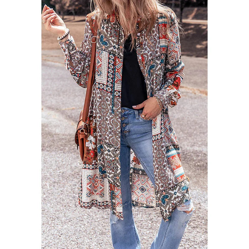 Printed Beach Cardigan Long Sleeve Top - VAleG