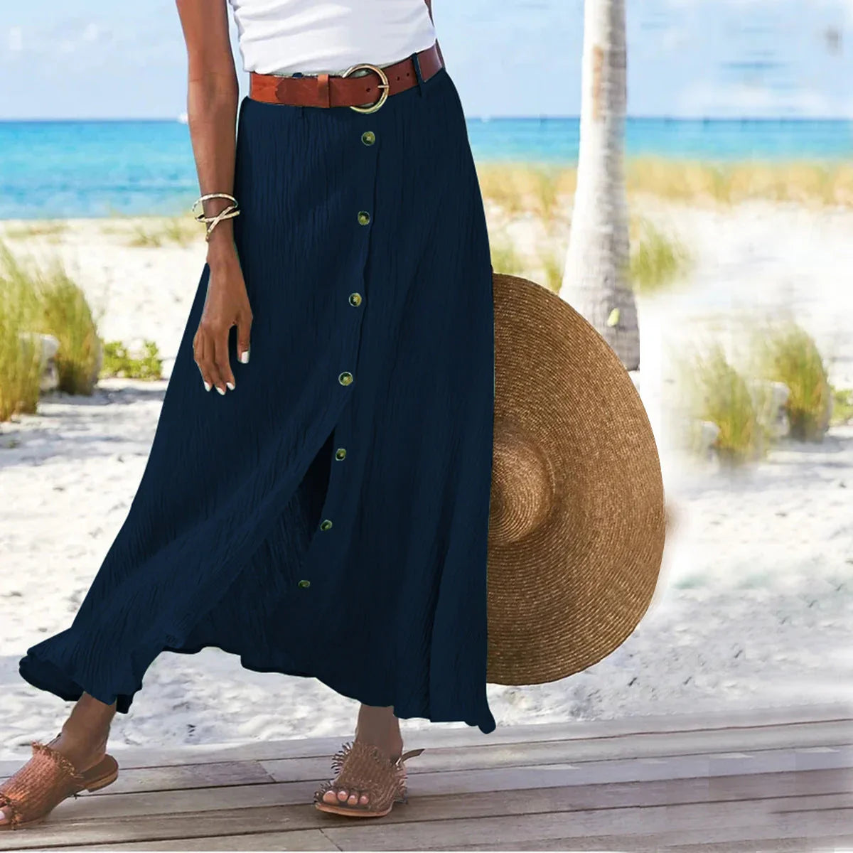 Women's Fashion Cotton Linen A-Line Hip Mid Waist Long Skirt - VAleG