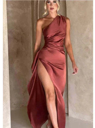 Sexy One-shoulder Backless Slit Dress Summer Elegant Slim-fit Solid Color Satin Dresses For Women - VAleG