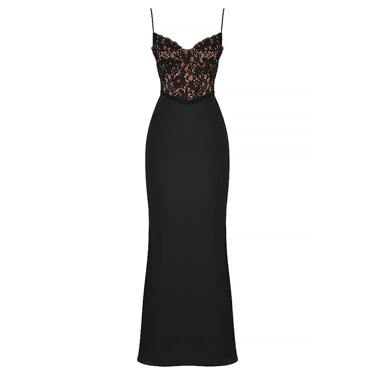 Lace High Waist Long Dress Deep V Strap Fishtail Gown - VAleG