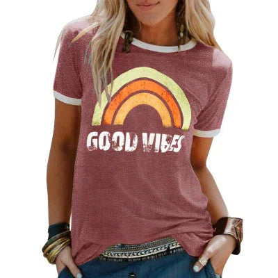 Women's Printed Round Neck Short Sleeve T-shirt - VAleG