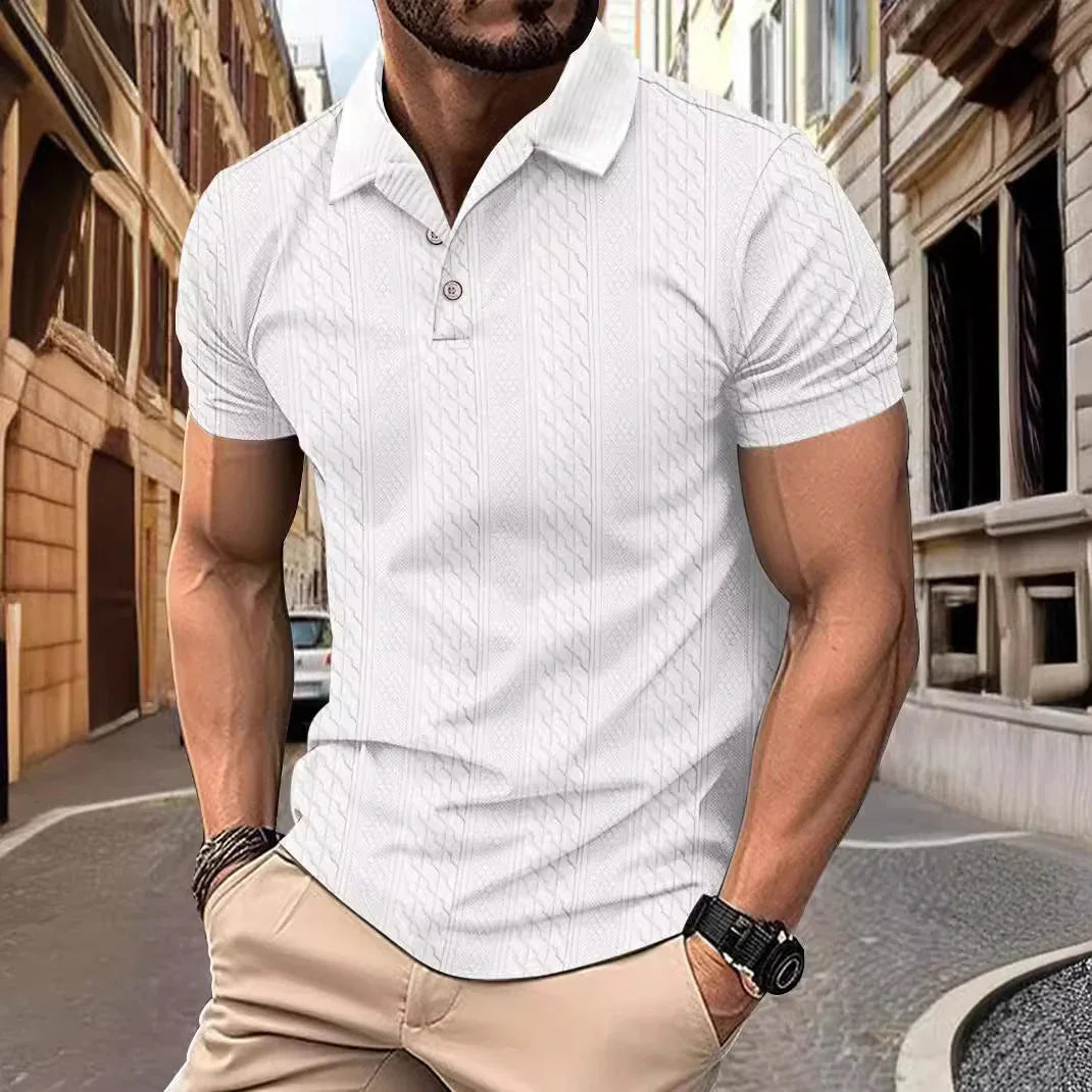 Simple Fashion Solid Color Polo Collar Men's Button Jacquard Short Sleeve - VAleG