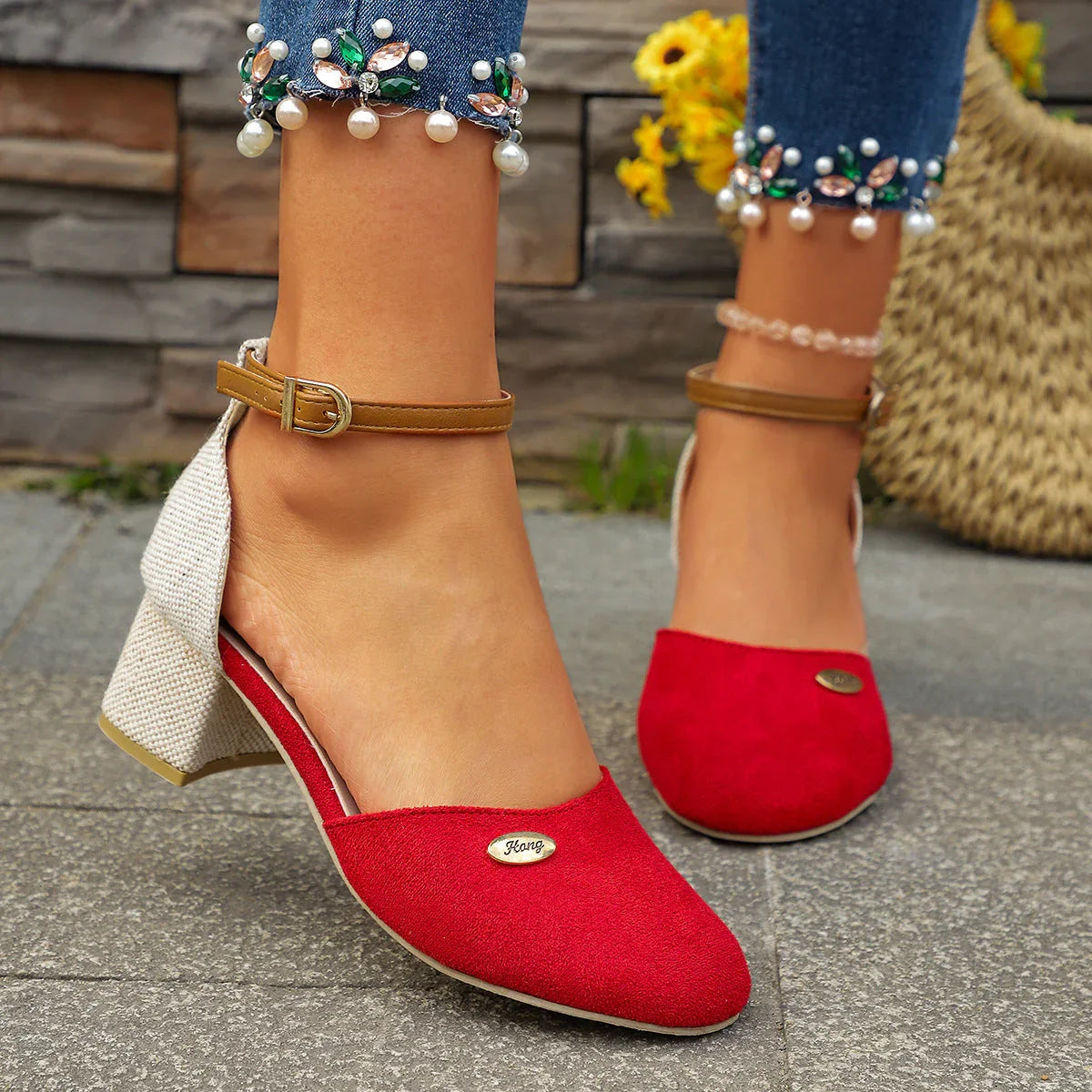 Plus Size Color Block Closed Toe Sandals Stylish And Lightweight Suede Buckle Women's Shoes - VAleG