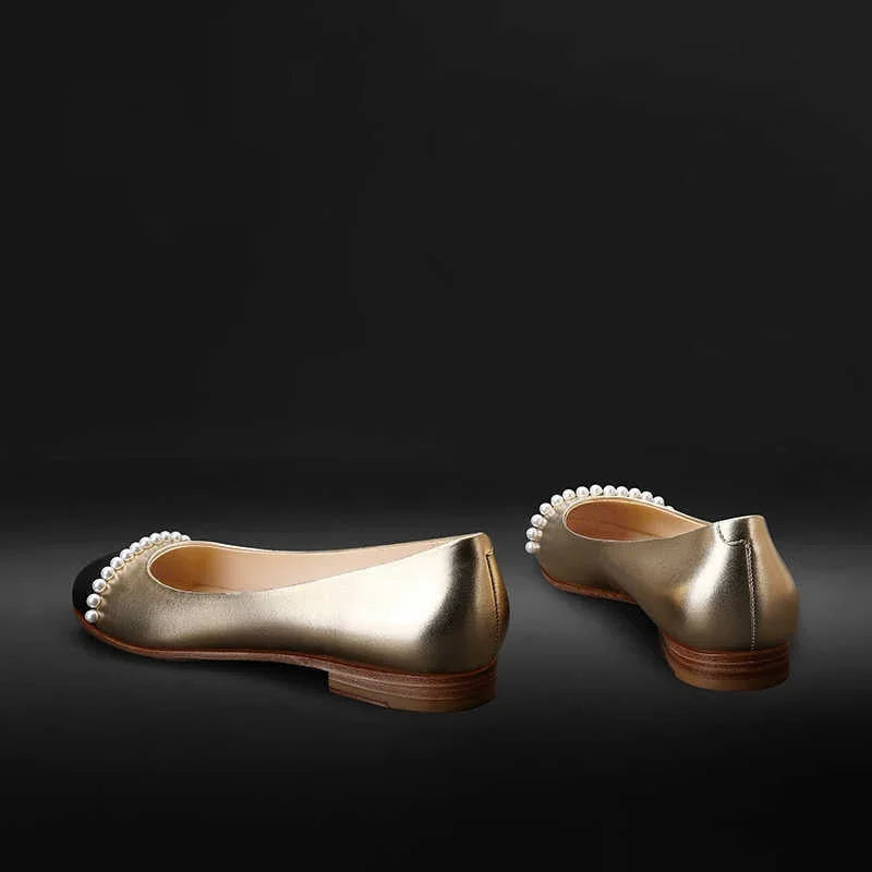 New Low-cut Gold Round Toe Pearl Women's Shoes - VAleG