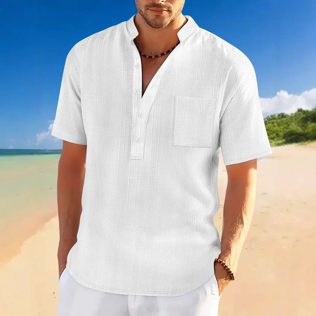 Stand Collar Short Sleeve Loose Leisure Vacation Henley Shirt - VAleG