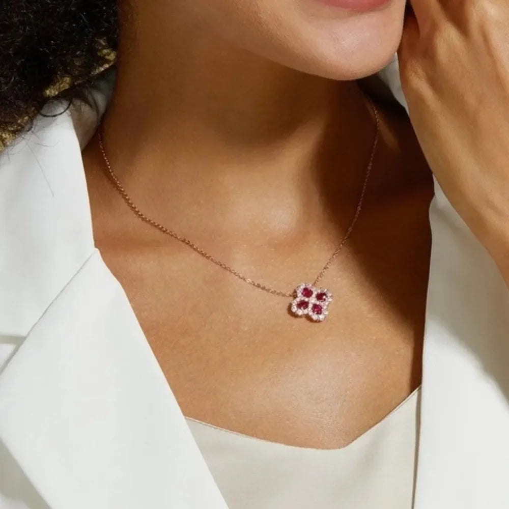 925 Sterling Silver Lab-Grown Ruby Flower Shape Necklace - VAleG