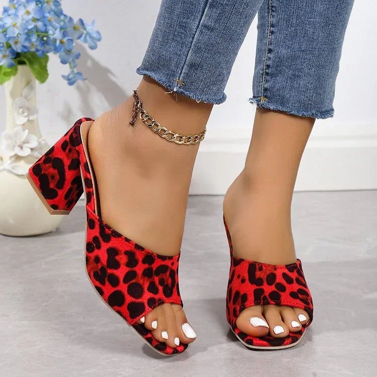 Leopard Square Toe Sandals Summer High-heeled Slippers Chunky Heel Shoes For Women - VAleG