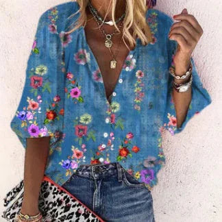 Women's V-neck Loose Single-breasted Shirt - VAleG