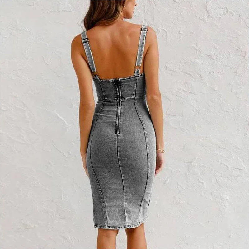 New U-neck Suspender Denim Dress Summer Casual Tight Slim Fit Dresses With Slit Design Womens Clothing - VAleG