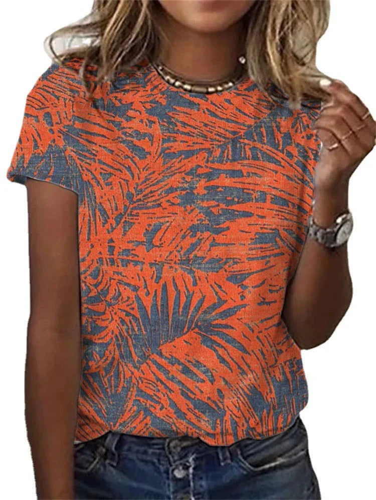 Round Neck Digital Print Short Sleeve Loose Women's T-Shirt - VAleG