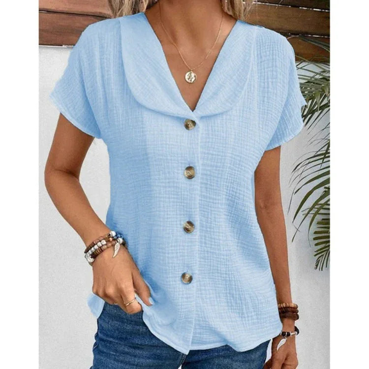 Summer Solid Color Fashion Short-sleeved Cardigan Button Women's Top - VAleG