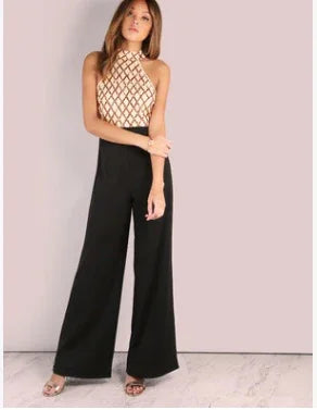 European and American women's sexy jumpsuit hanging neck sequins stitching trumpet jumpsuit trousers - VAleG