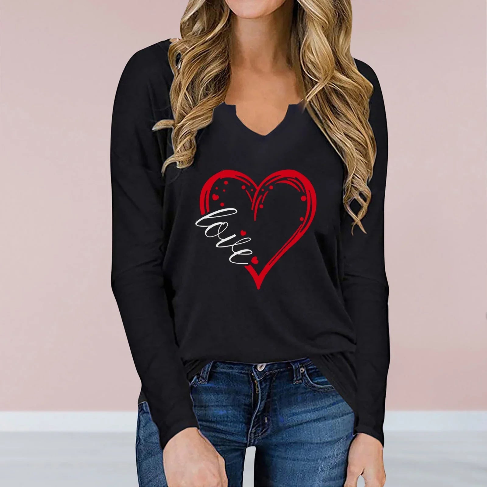Vneck Valentines Day Printed Tshirt Cross-border Longsleeved Loose Top - VAleG