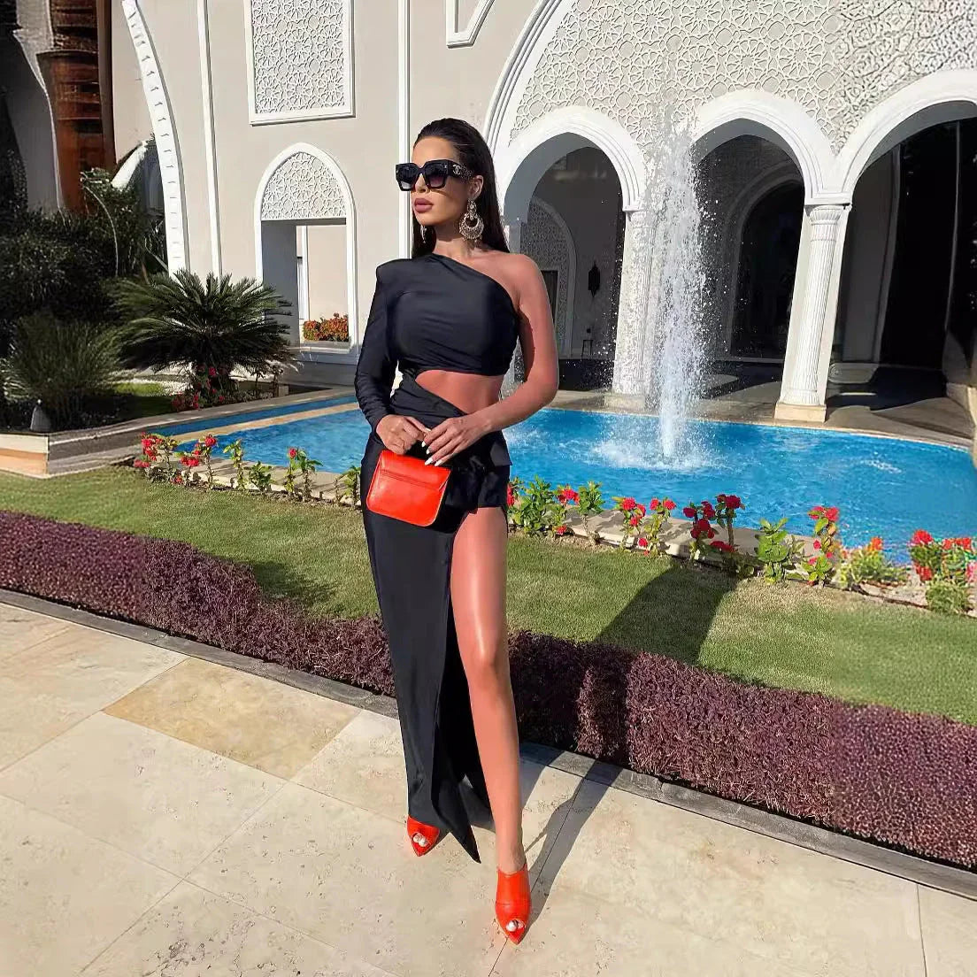Women's Long Sleeved Hollow Slit Elastic Sloping Shoulder Dress - VAleG