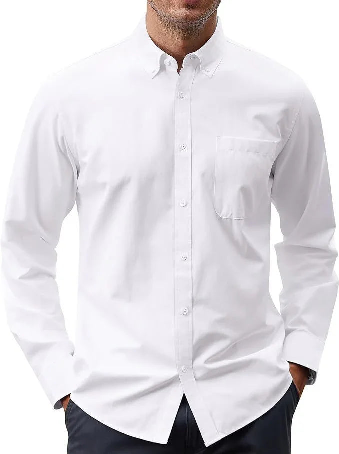 Solid Color Oxford Long Sleeve Button Shirt - VAleG