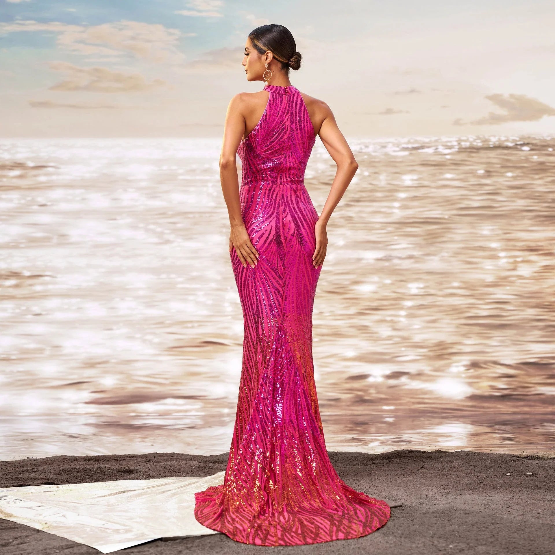 Round Neck Off-the-shoulder Slim-fit Sheath Sequined Banquet Fishtail Evening Dress - VAleG
