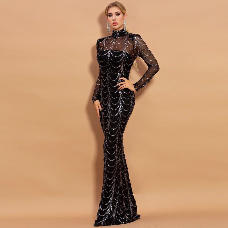 Sequins Women Maxi Dresses Long Sleeve Female Party Dresses - VAleG