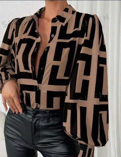 Print Lantern Sleeve Shirt - VAleG