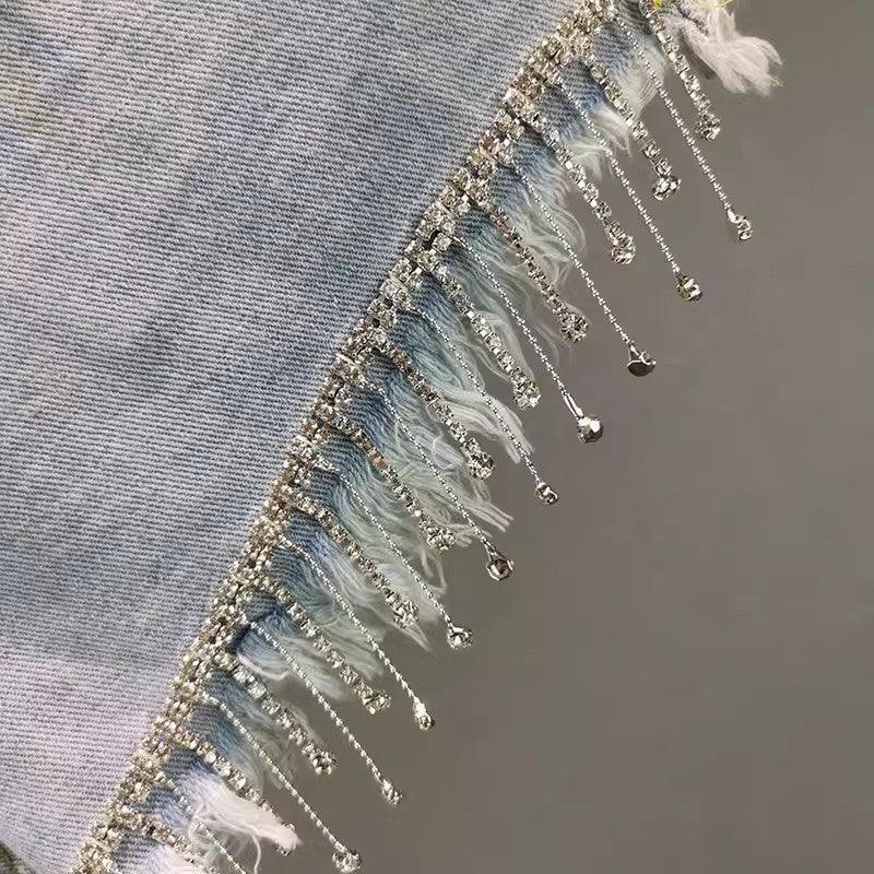 Summer High Waist Slimming Edging Heavy Industry Rhinestone Tassel Denim Shorts - VAleG