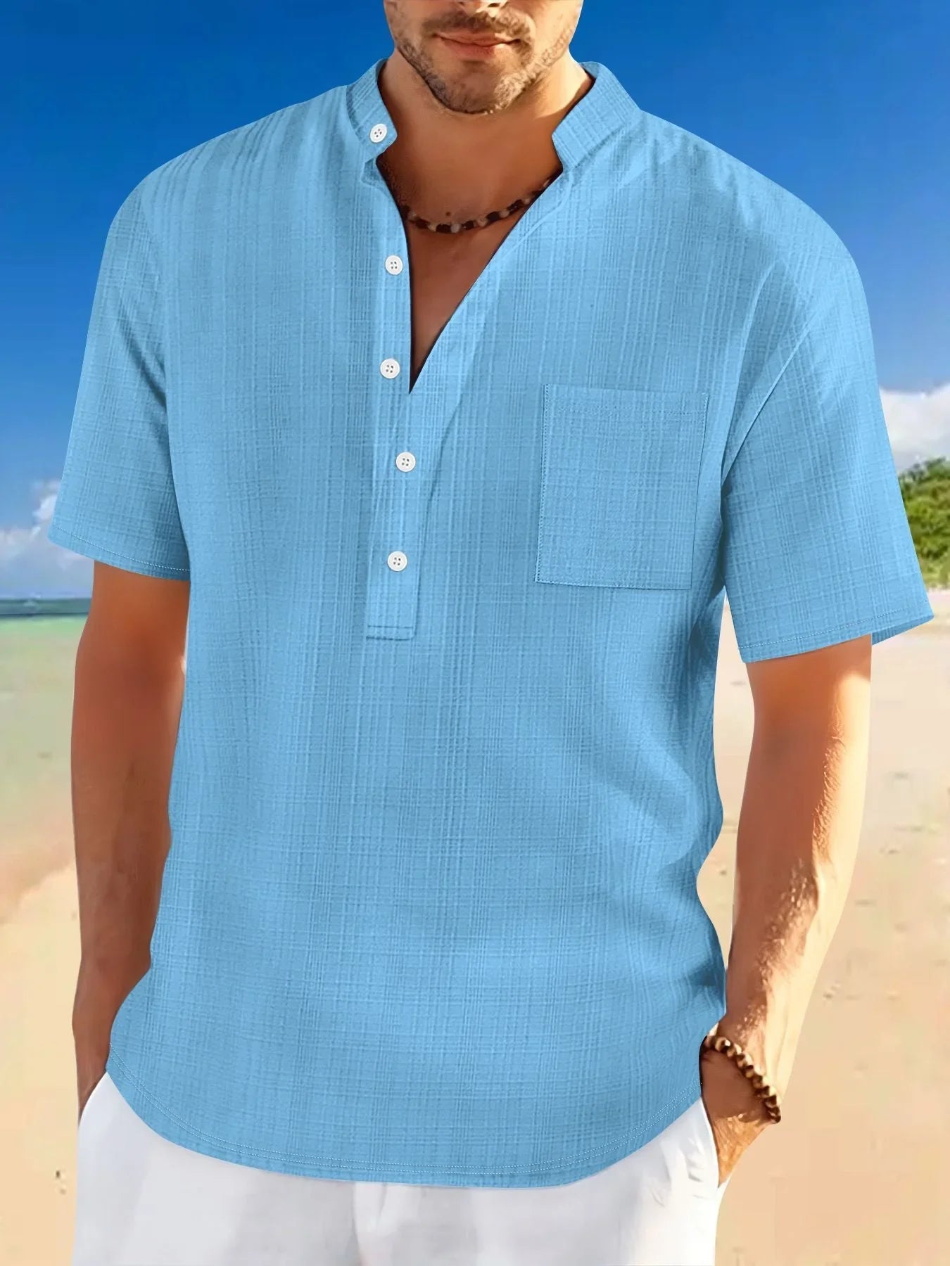 Stand Collar Short Sleeve Loose Leisure Vacation Henley Shirt - VAleG
