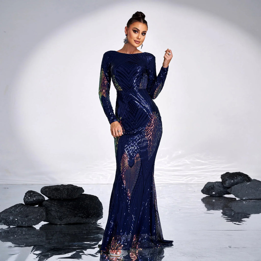 Long Sleeve Temperament Crew Neck Sexy Long Sequined Banquet Evening Dress - VAleG