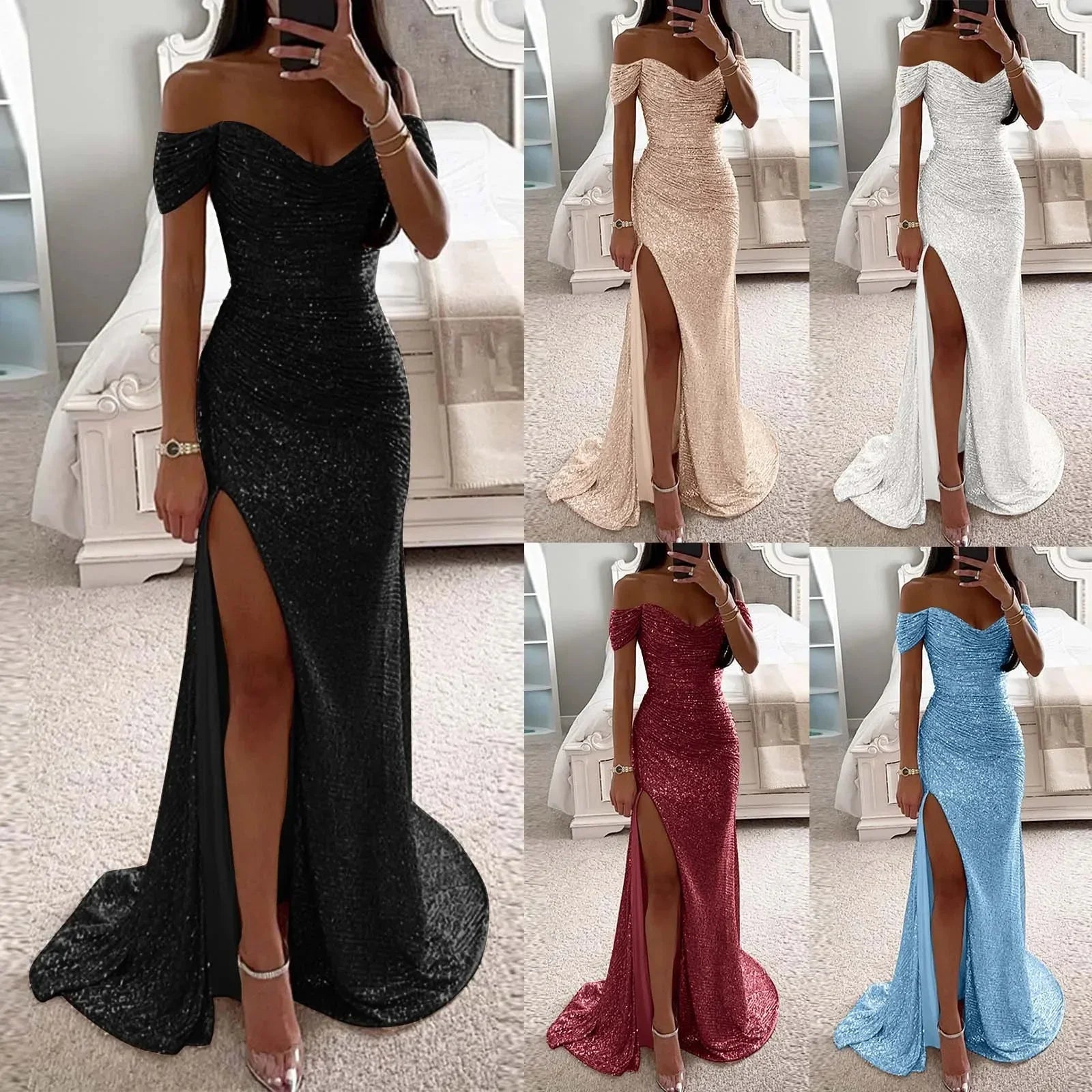 Female Creative Solid Color Sparkling Slit Dress - VAleG