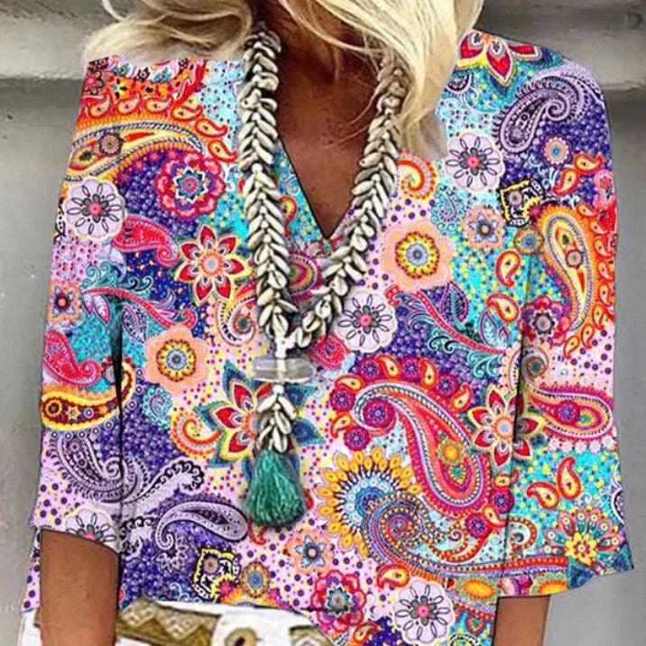 Ethnic Style V Neck Printed Women's Casual Shirt - VAleG