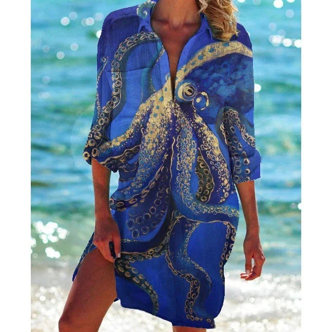 Women's Vacation Beach Bikini Jacket Printed Shirt - VAleG