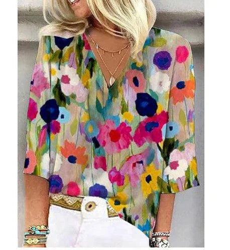 V Neck Printed Flare Sleeve T Shirt - VAleG