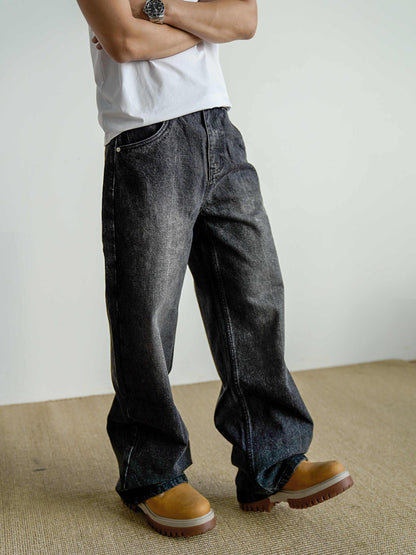 Loose Straight Washed Distressed Black Jeans - VAleG