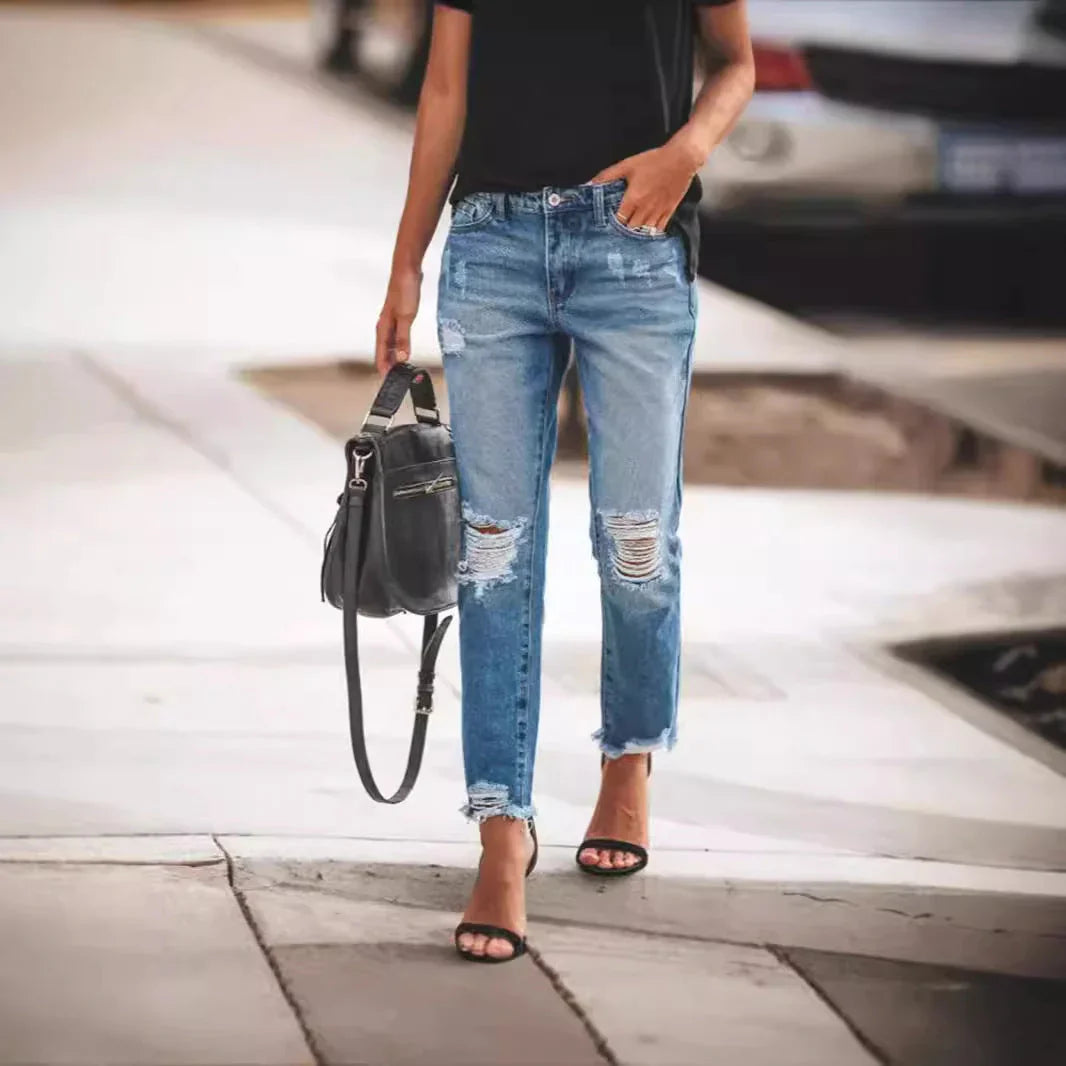 Women's Ripped Non-elastic Retro Fashion Jeans - VAleG