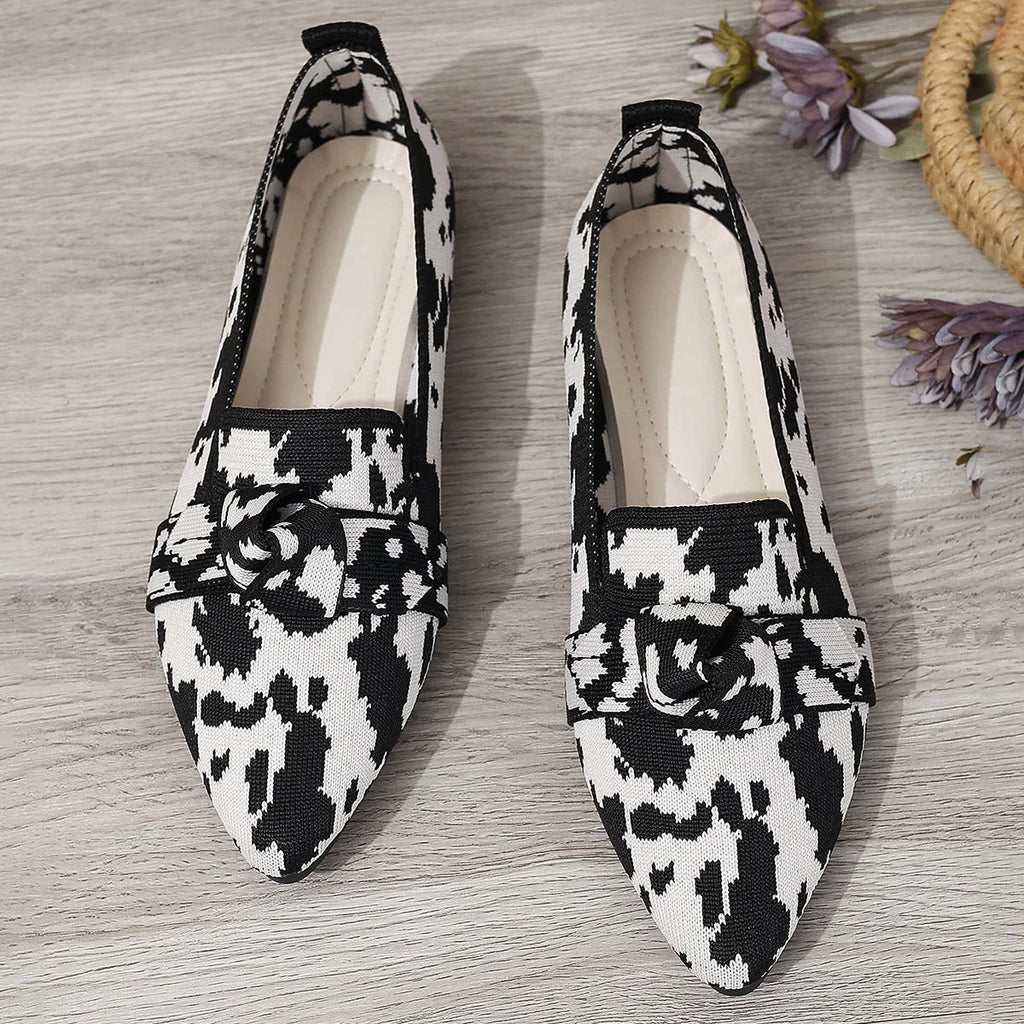 Plus Size Flyknit Flat Low-cut Shoes Female Pointed-toe Bowknot Boat Shoes - VAleG