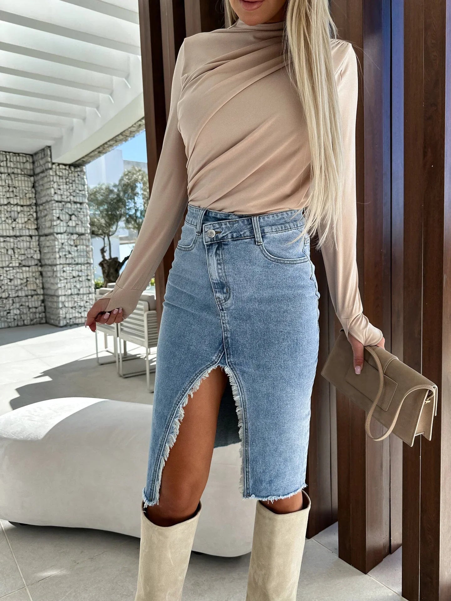 Split Fashion Casual Solid Denim Buttocks Skirt - VAleG