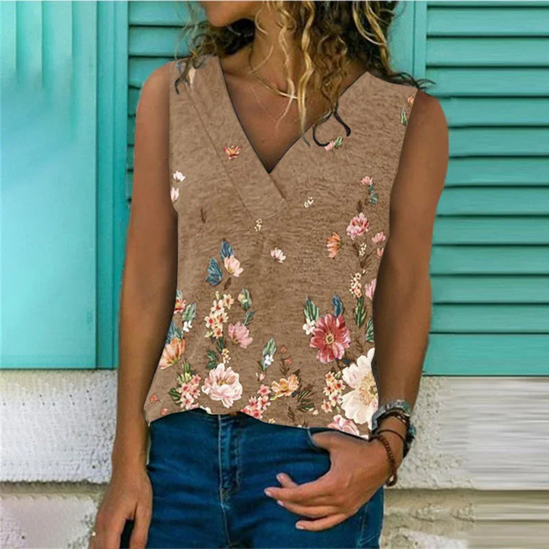Trendy Vest Amazon Explosive Base Shirt V-neck Loose Printed Top Vest - VAleG