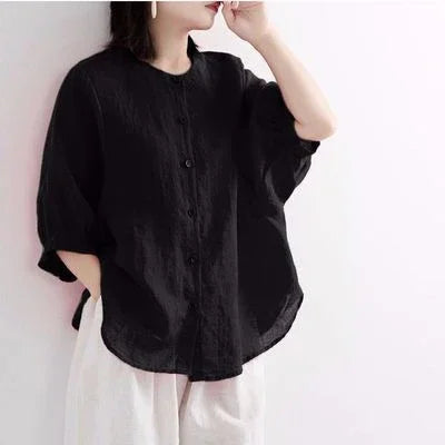 Women's Retro Literary Cotton And Linen Shirt Lantern Sleeve Top Loose - VAleG