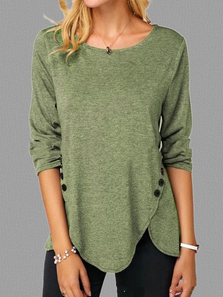 Irregular Button Hem Long Sleeved Round Neck Oversized T-shirt - VAleG