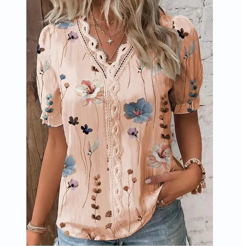 V-neck Holiday Fashion Floral Short Sleeve - VAleG