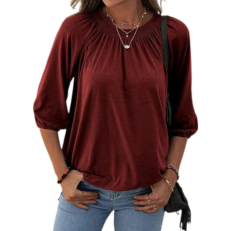 Women's Autumn Hot Selling Temperament Pullover Round Neck Loose Three-quarter-length-sleeved T-shirt - VAleG