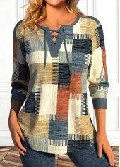 Printed Contrast Color V-neck Long Sleeve T-shirt - VAleG