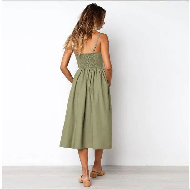 Sexy Suspender Button Pocket Halter Dress - VAleG