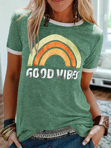 Women's Printed Round Neck Short Sleeve T-shirt - VAleG