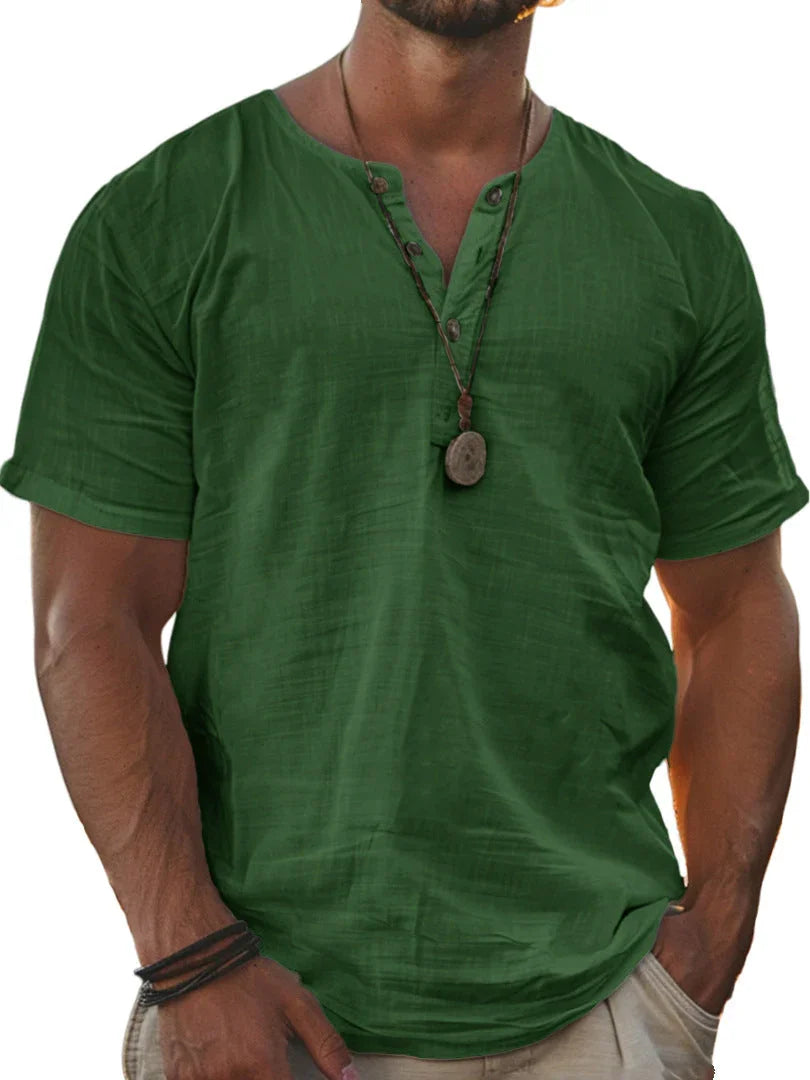 Men's Fashion Wear Men's Stand Collar Half Cardigan 4 Button Short Sleeve Shirt - VAleG
